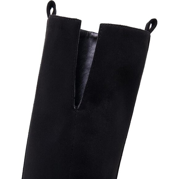 Womens Black Faux Suede Knee High Side Zipper Chunky Heel Winter Stretch Boots - Picture 7 of 8